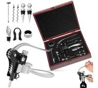9 Pezzi Set Apribottiglie, Kit Cavatappi Professionali Coniglio, Set Accessori Vino Manuale con Aeratore, Taglia Capsule, Versatori, Tappi, Anello Antigoccia, Spirali Ricambio, Scatola Regalo Legno