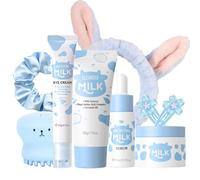 9 pezzi set e kit per la cura della pelle al latte per ragazze adolescenti - Set nutriente e idratante per la cura della pelle - Spazzola detergente e detergente per il viso, siero, crema viso e occhi