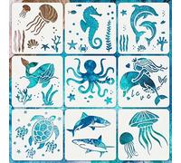 9 pezzi Stencil per la vita marina 15,01 x 15,01 cm, stencil per animali marini fai-da-te, stencil per motivi sirena, stencil in legno per scrapbooking, disegno, tracciatura, mobili, pareti, artigiana