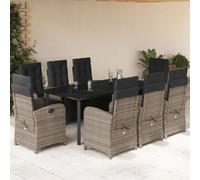 9-TLG. Gruppo da giardino con cuscino, grigio polyrattan, sedie regolabili, tavolo in vetro, sala da pranzo all'aperto per terrazza, balcone, 200 x 100 cm