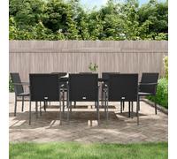 9-TLG. Gruppo da giardino in polyrattan nero, telaio in acciaio, piano in vetro temperato, con cuscino, 8 sedie, tavolo da 200 x 100 cm, per terrazze, balconi, esterni