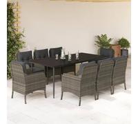 9-TLG. Set da pranzo da giardino con cuscino, grigio polyrattan, 200 x 100 cm, tavolo da pranzo per terrazza, balcone, cortile