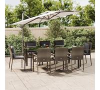 9-TLG. - Set da pranzo da giardino, in polyrattan con cuscino, per terrazza, balcone, sala da pranzo, 200 x 100 cm, colore: Nero/Grigio