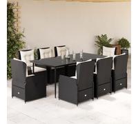 9-TLG. - Set da pranzo da giardino in polyrattan nero, regolabile con cuscino bianco crema, 200 x 100 cm, tavolo da pranzo per terrazza e balcone, resistente ai raggi UV