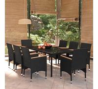 9-TLG. Set da pranzo da giardino nero con cuscino, in rattan PE e telaio in acciaio, 200 x 100 cm, per sala da pranzo all'aperto, per terrazza, balcone e veranda