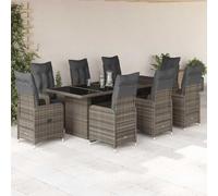 9-TLG. Set di bistrò da giardino con cuscino, grigio polyrattan, poltrone regolabili, tavolo in vetro temperato, resistente ai raggi UV, per terrazza, balcone