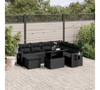 9-TLG. Set di divano da giardino in polyrattan nero con cuscino, tavolo regolabile per terrazza, balcone, esterno, 100 x 55 x 44/73 cm