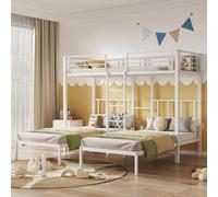 90 x 200 cm x 3 letti a tre piazze, letto a castello con scala per bambini e ragazzi, letto in ferro con griglia anticaduta e tavolo (bianco)