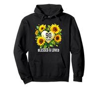 90 Years Blessed Loved Girasole Fiore Cuore 90° Compleanno Felpa con Cappuccio