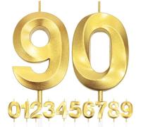 90th Candela di Compleanno Glitterata Oro, 3D Design Candele Numero, Decorazioni Cake Topper, Candela per Torta per Festa di Compleanno, Anniversario di Matrimonio, Baby Shower, Decorazione di Festa