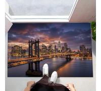 90X150Cm Zerbino Ingresso Interno Antiscivolo Assorbente, Tappeto In Microfibra Sottile Lavabile Con Il Moderno Ponte Manhattan Notte Città New York Per Cucina Bagno Porta E Animali, Blu-Arancione