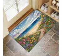 90X150Cm Zerbino Ingresso Interno Antiscivolo Assorbente, Tappeto In Microfibra Sottile Lavabile Con Paesaggio Mediterraneo Sogno Fiore Del Cielo Stellato Per Cucina Bagno Porta E Animali, Blu-Verde