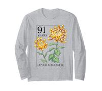 91 Years Loved And Blessed - Timbro Floreale per 91° Compleanno Maglia a Manica