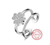 925 Anelli d'argento per le donne Mosaico Cz Zirconia Lucky Four Leaf Clover Multi-strato Resizable Anelli Bague S-r193