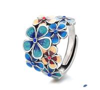 925 Anello di dichiarazione dello smalto di fiore in argento sterling per donne Blu Bloom Petal Wedding Encagement Classics Rings Cocktail Party Art Deco Anello regolabile impilabile, KE-HR670-RS02