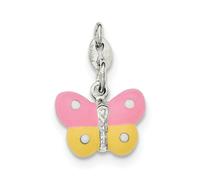 925 Argento Sterling 3D Rosa E Giallo Smaltato Reversibile Ciondolo Farfalla