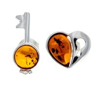 925 Argento Sterling & Baltica Amber Chiave & Cuore Orecchini - GL195