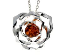 925 Argento Sterling E Ambra Baltica Moderno Designer Ciondolo Rosa - 670