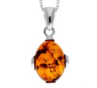 925 Argento Sterling & Vera Ambra Baltica Classico Pendente Ovale - 573