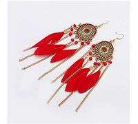 925 Earrings for Women,Ctassel Earrings Feather Long Earrings Bohemian Ethnic Ear Jewelry/Red