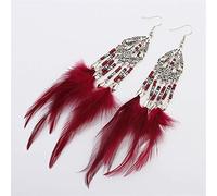 925 Earrings for Women,Stylish Beizhu Earrings Vintage Feather Tassel Earrings Bohemian Hollow Drops National Wind Ear Jewelry/Red