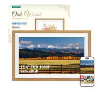 94% sRGB Frameo Cornice Digitale Foto 15.6 Pollici Legno di Quercia WiFi, Memoria da 32 GB, Touchscreen IPS FHD 1920 * 1080, Condividi Foto Video Tramite l'app Frameo, Regalo da Donna Uomo