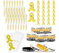96 accessori per la consapevolezza del cancro in oro per bambini includono 24 braccialetti in silicone per la consapevolezza dell'oro, 24 spille da bavero con nastro giallo 24 penna a nastro
