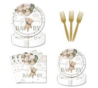 96 piatti e tovaglioli con scritta "We Can Bearly Wait Bearly Bear", per baby shower, 24 persone, include piatti, tovaglioli, forchette, orsacchiotto verde boho marrone, per ragazze e ragazzi