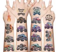 96 tatuaggi temporanei per auto Monster Truck per bambini | 10 fogli decorazioni di compleanno monster truck | bomboniere per feste di monster truck.