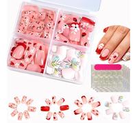 96 unghie adesive per ragazze e donne con design a forma di fragola, fiore e coccinella, set di unghie finte a pressione, con strumenti per manicure, ovali lucide, corte, finte in scatola, fai da te