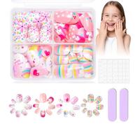 96 unghie corte per bambini da incollare. Graziose unghie finte con motivo arcobaleno, nuvola e stella con colla gelatina, 4 design colorato, full cover lucide, bel regalo per ragazze