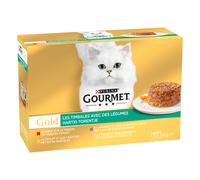 96 x 85 g Gourmet Gold + 24 x 85 g Gourmet Gold Mousse e Paté Umido per gatto gratis! - Straccetti: Pollo, Pesce di mare, Manzo, Salmone