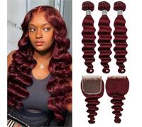 99J Bundles Ombre Loose Deep Wave Fasci di capelli umani Vino Rosso Riccio 3Bundles Brasiliano E 4X4 Parte Libera Chiusura In Pizzo per le Donne Nere (12 14 16 12) Pollici,18 20 22+18 inch