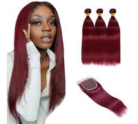 99j capelli umani bordeaux lisci 18 20 22 con 18closure 8A capelli vergini brasiliani 99j bordeaux capelli lisci tessitura Bundle parte libera colore vino rosso 100% capelli umani non trattati
