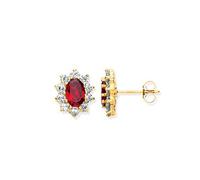 9ct Oro Giallo Rubino Ovale & Bianco Pietre Orecchini a Lobo