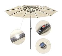 9Ft 3-Tiers 24LEDS Patio Umbrella, with Air Outlet Beach Umbrellas with Sand Achor Tilt Pole Protection Summer Outdoor Sun Shade Umbrella for Beach Patio Lawn Garden Backyard
