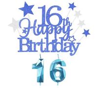 9pcs 16 compleanno decorazione kit per torta ragazzo Happy 16th Birthday Cake Topper,16 numero blu candela,Star Heart cupcake topper Decorazione per torta 16 blu Ragazzo Ragazza Party