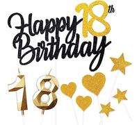 9pcs 18 compleannoDecorazione Kit per torta ragazzo Happy 18th Birthday Cake Topper,Oro Nero numero18 candela,Star Heart cupcake topper Decorazione per torta 18 oro nero Ragazzo Ragazza Party