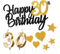 9pcs 30 compleannoDecorazione Kit per torta ragazzo Happy 30th Birthday Cake Topper,Oro Nero numero30 candela,Star Heart cupcake topper Decorazione per torta 30 oro nero Ragazzo Ragazza Party