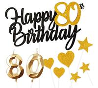 9pcs 80 compleannoDecorazione Kit per torta ragazzo Happy 80th Birthday Cake Topper,Oro Nero numero 80 candela,Star Heart cupcake topper Decorazione per torta 80 oro nero Ragazzo Ragazza Party