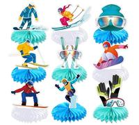 9pcs Winter Ski Birthday Party Decorations 3D Honeycomb Centerpieces DIY Paper Table Set, 6 To 7in Tall Snow Sports Theme Decor For Kids Celebration Event Supplies With Clips