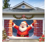 A, 13 x 4 x 1,8 m, striscione natalizio per porta del garage, Babbo Natale allegro appare attraverso l'apertura della parete, decorazione murale per esterni, grande decorazione per vacanze all'aperto