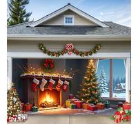 A, 13 x 4 x 1,8 m, striscione natalizio per porta del garage, un accogliente camino, albero di Natale e calze come decorazioni di sfondo, grande decorazione per le vacanze all'aperto per casa, cortile