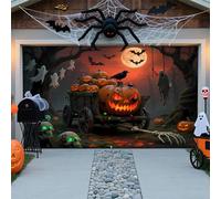 A, 16 x 7 ft/4,8 x 2,1 m, terribile copertura per porta del garage di Halloween - teschio spaventoso, zucche, ragni, spaventapasseri, fantasmi e cimitero infestato, decorazione all'aperto per le