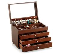 A&A Portagioie grande in legno massiccio con 3 cassetti, custodia per dispositivi e specchio, per donne, marrone