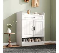 A ALFRESCOOL 75 × 36 × 95,5 cm moderna scarpiera con ripiani regolabili, manici neri, un cassetto multiuso, cassettiera con 2 ante, armadio corridoio (bianco)