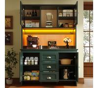 A ALFRESCOOL Armadio a buffet, alto da cucina, credenze, con ante in vetro marrone e illuminazione a LED, 4 ante e 3 cassetti, per cucina, sala da pranzo, 120 x 40 x 179 cm (verde)