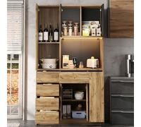 A ALFRESCOOL Armadio alto a buffet, armadio da cucina con 4 ripiani verticale estraibile, ripiani regolabili, illuminazione a LED e presa, 105 × 40 × 185 cm (colore nero+naturale)