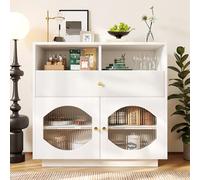 A ALFRESCOOL Armadio da cucina, credenza con ante in vetro, armadietto a buffet per cucina, sala da pranzo e soggiorno, moderna credenza bianca, 100 × 40 × 90,5 cm
