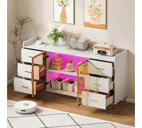 A ALFRESCOOL Armadio moderno da cucina/credenza/6 cassetti/ante in vetro/illuminazione d'atmosfera, adatto per cucina, soggiorno, camera da letto 160 x 44 x 87 cm (bianco)